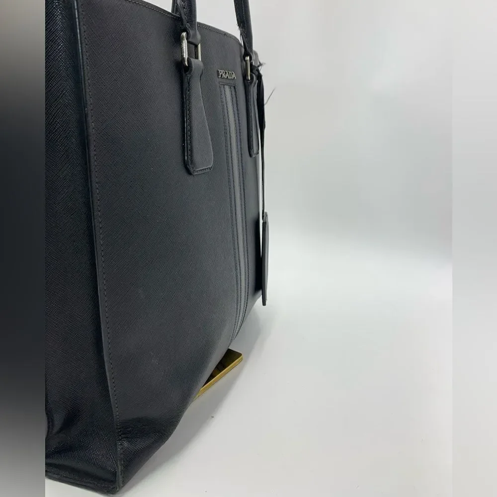 Auth Prada Black Saffiano Leather Web Blue Gray Stripe Travel Tote Preloved